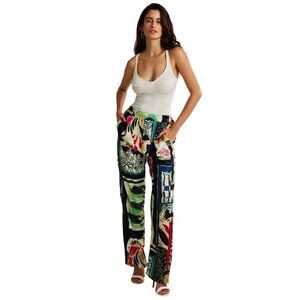 Micas Womens XL Floral Print High Waisted Straight Leg Pants Elastic Waist Pocke